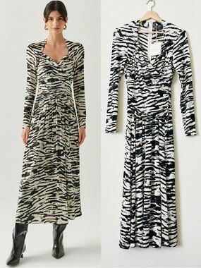 NWT Exquise SMALL Keilani wrap neck long sleeve zebra print midi dress